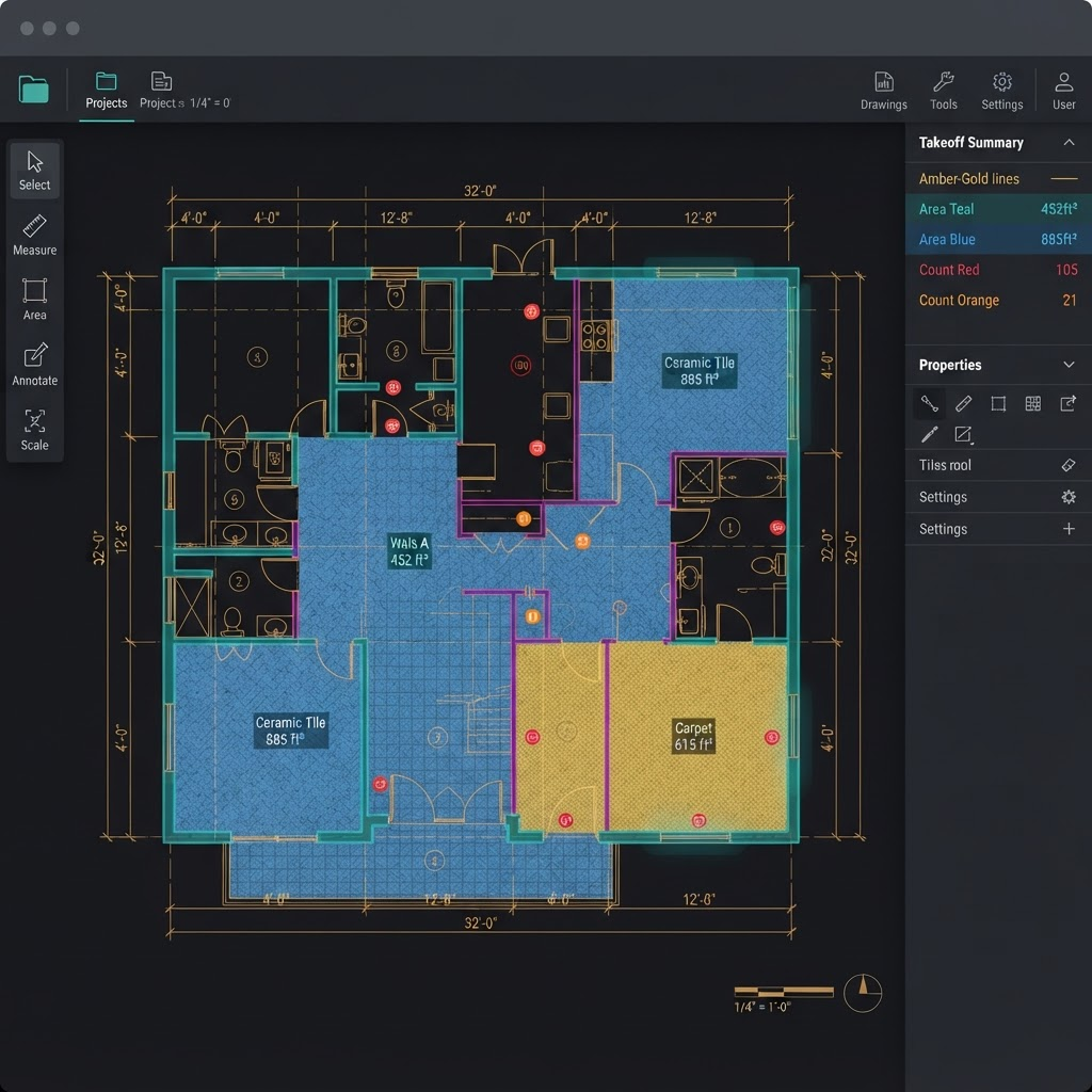 ScopeQS on-screen takeoff interface highlighting measured areas on a construction floor plan